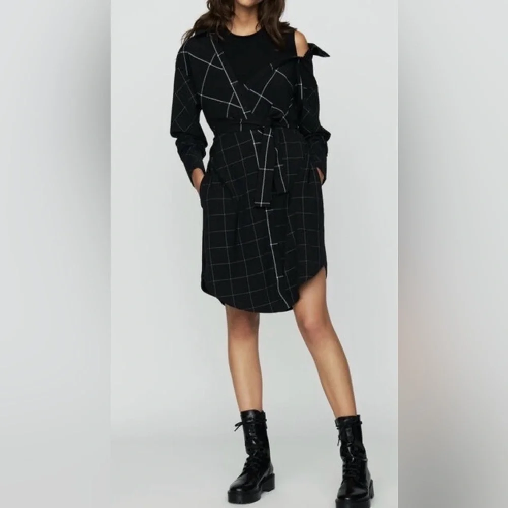 MAJE Razak Women's Small Long Sleeve Asymmetric Plaid Belted Shirt Dress Mini - Picture 7 of 10